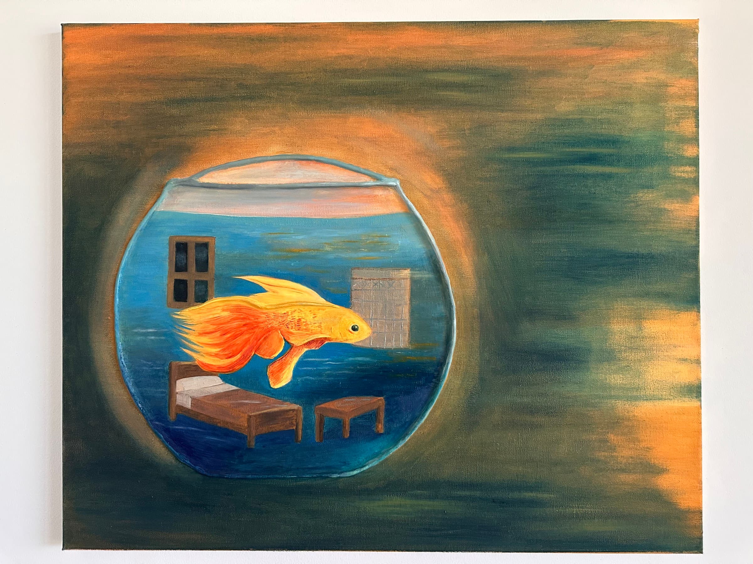 Surrealist painting of a goldfish inside a fishbowl containing a room with a bed, a window and tiles, over a green and orange sunset background